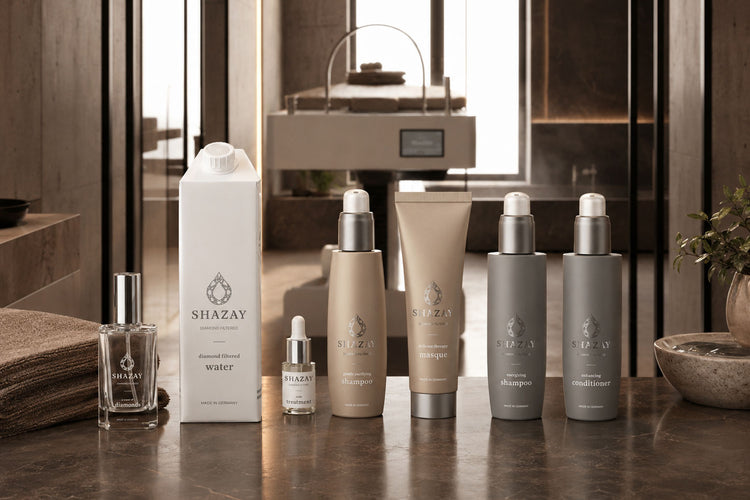 Professionelle SHAZAY HeadSpa Produkte und Diamond Filtered Water für das Ritual